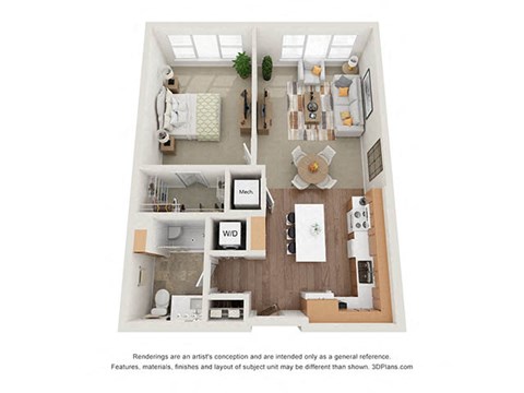 Floor plan for 1 bed, 1 bath, 792 sqft